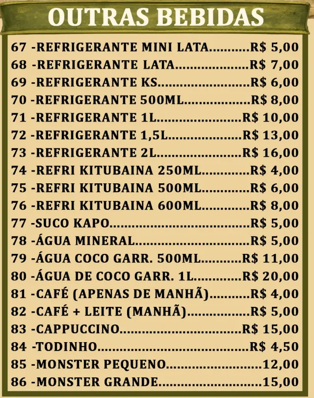 Outras bebidas: refrigerantes, Kitubaina, suco Kapo, água mineral, água de coco, café, cappuccino, Todinho e Monster, com os preços do cardápio.